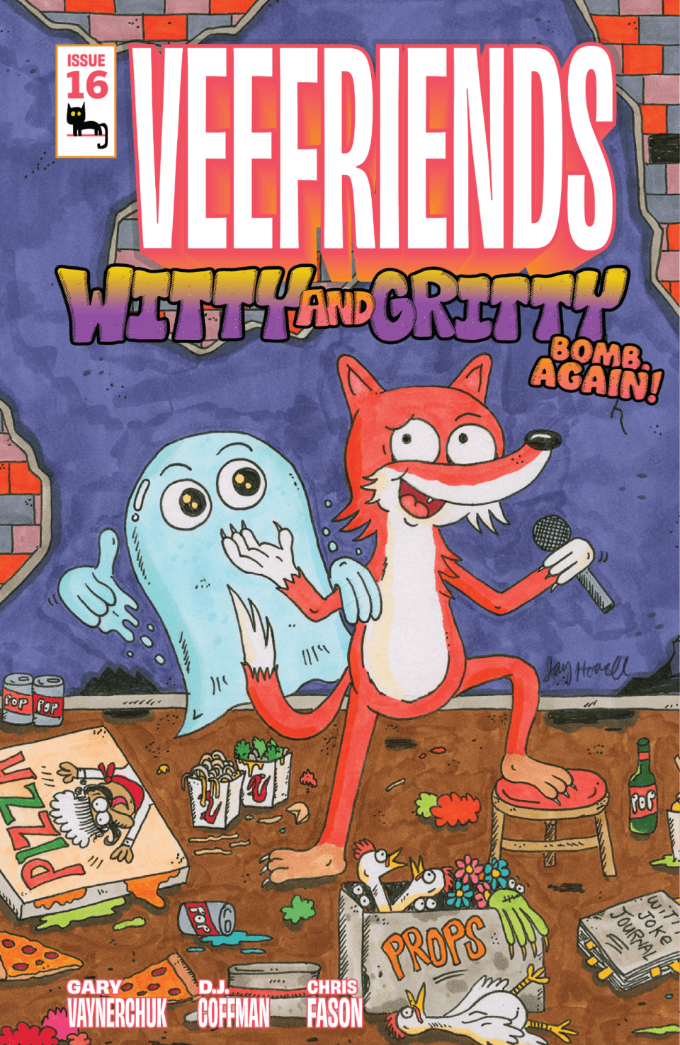 Jay Howell's Cover B for VeeFriends Issue 16 showing Witty Weasel performing with Gritty Ghost beside a floor covered in food and props