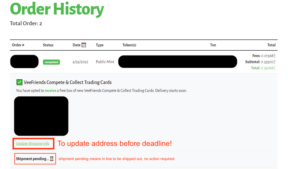 example of "update shipping" on the Order History Page