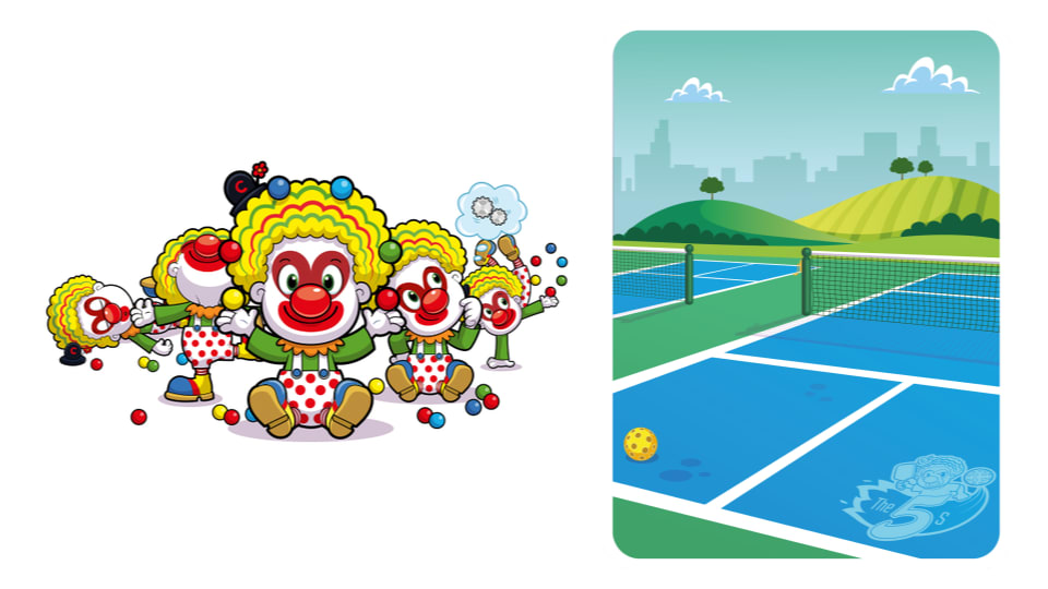 Competitive Clown (left), THE Pickleball Court Scene (right)