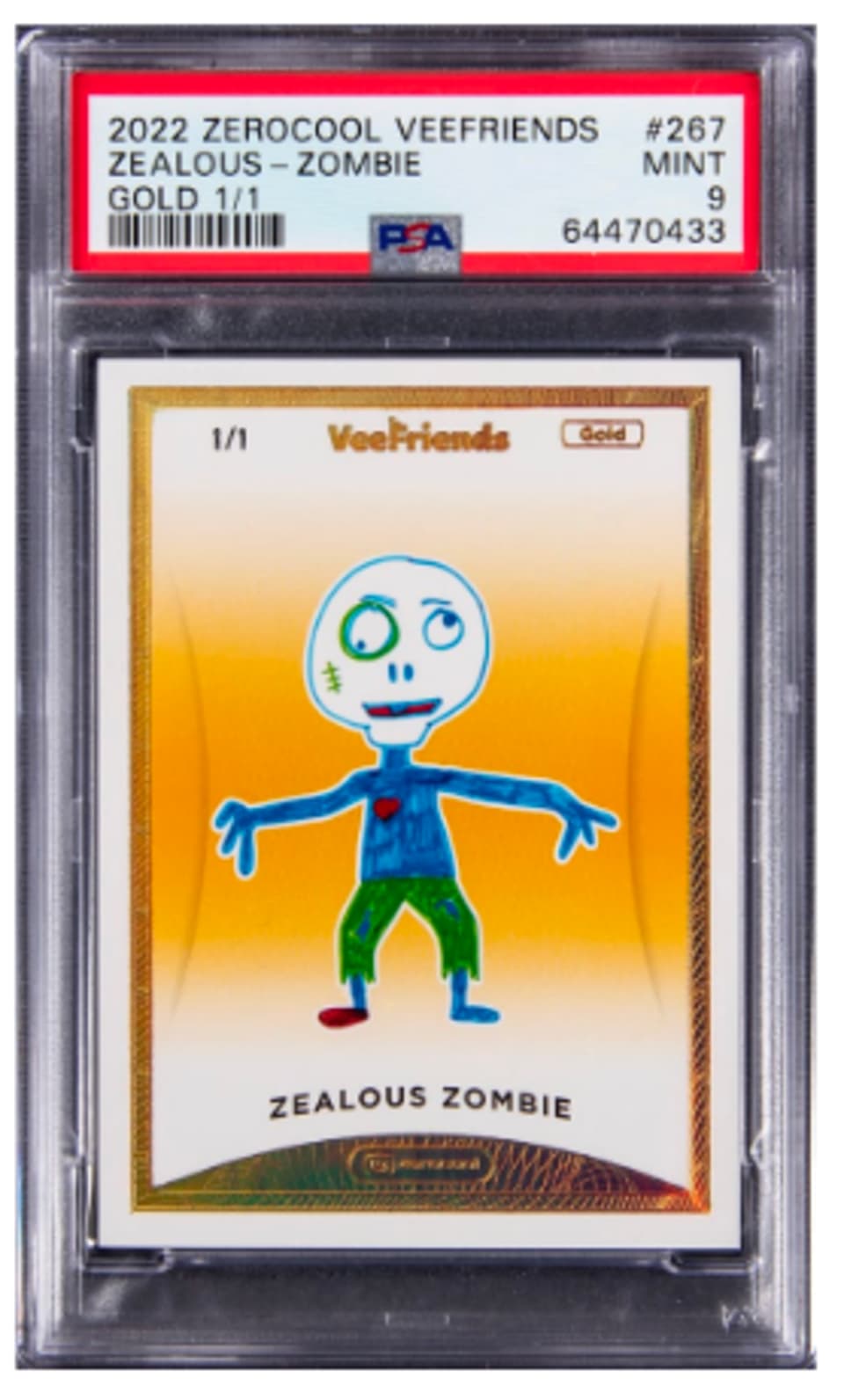 VeeFriends Series 1 Gold Zealous Zombie, Graded by PSA. The label includes all card details, and the grade: PSA 9 "Mint"