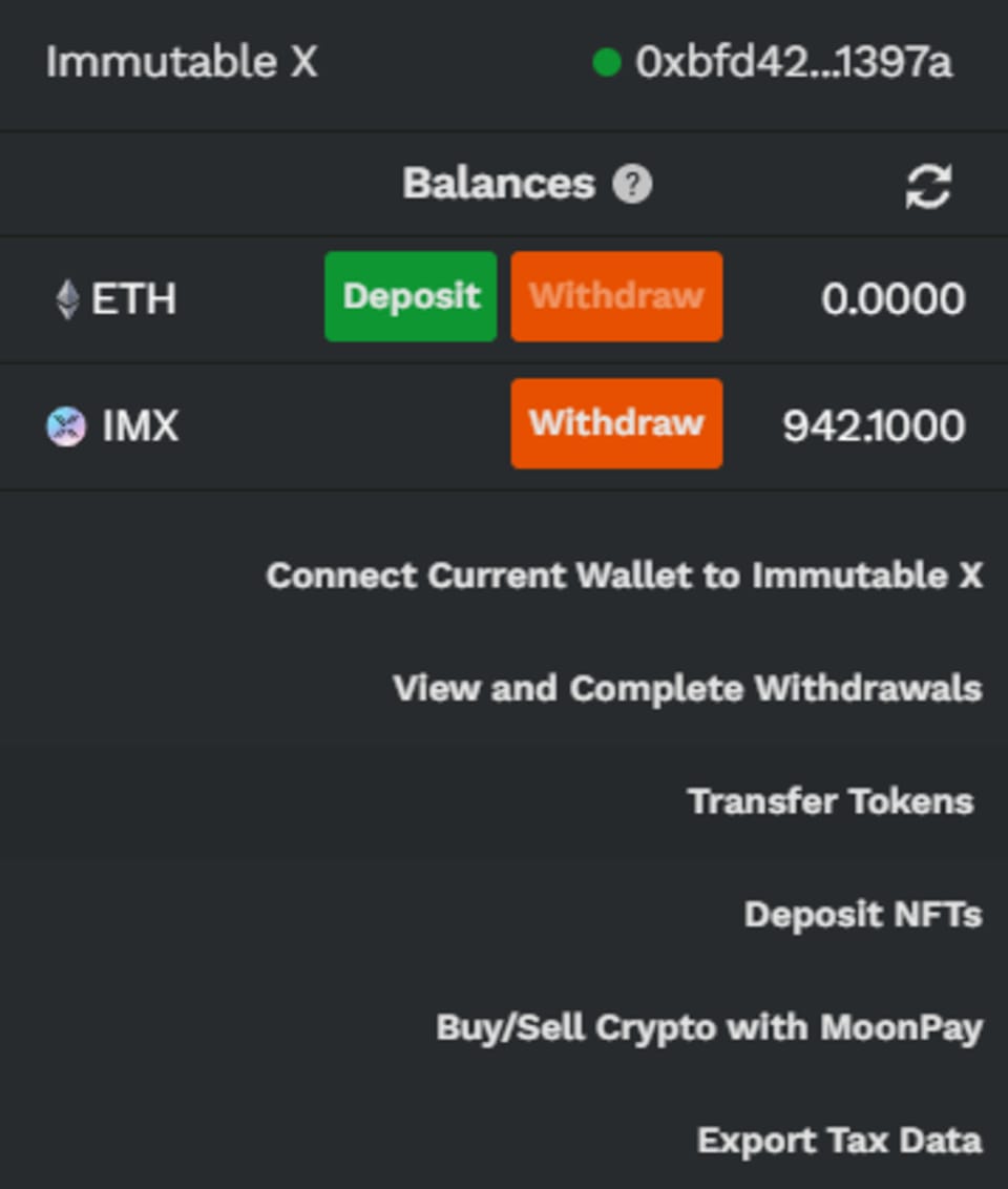 After creating your IMX account, what is shown when clicking the top right corner