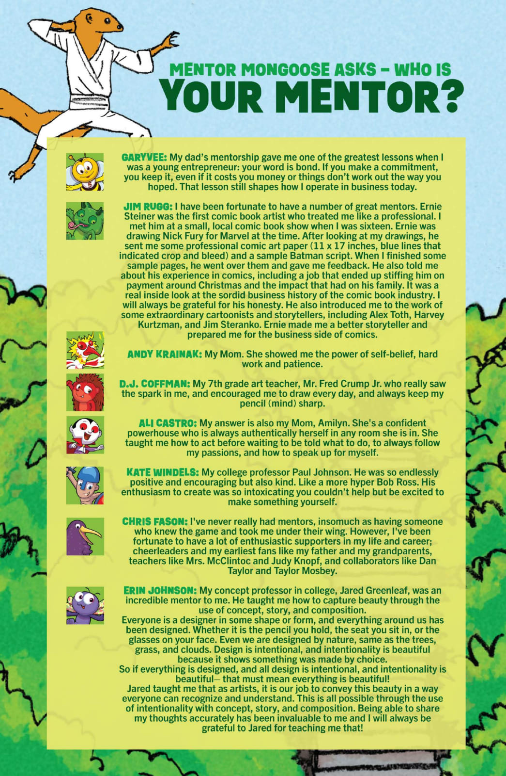 VeeFriends Issue 17 Mentor Mongoose asks who is your mentor backmatter page