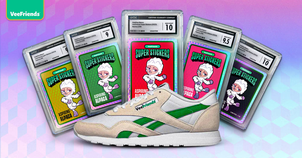 Get the Newest, Pre-Graded Aspiring Alpaca Super Sticker with VeeFriends Reebok Sneakers!