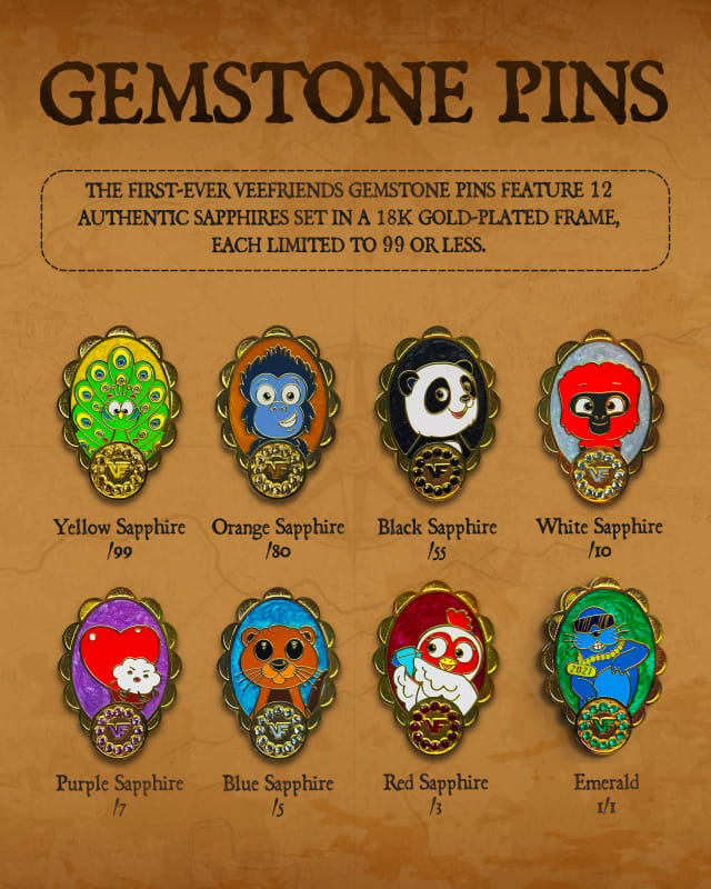 The first-ever Gemstone Pins, each featuring 12 authentic sapphires set in 18k gold-plated frame.