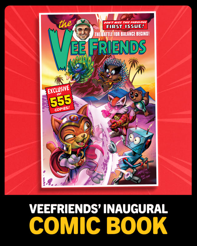 In Gift #15, Goats were gifted the first-ever physical VeeFriends Comic Book, limited to 555 copies produced, and graded by CGC. The cover art of VeeFriends Comic Book #1 was designed by industry legend, J Scott Campbell.