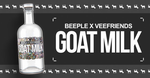 In Gift #12, VeeFriends teamed up with Beeple to create a limited edition "Goat Milk Bottle" that featured the artwork from his historic "Everydays" collection. Gift Goats received this physical gift, as well as a VeeFriends x Beeple NFT.