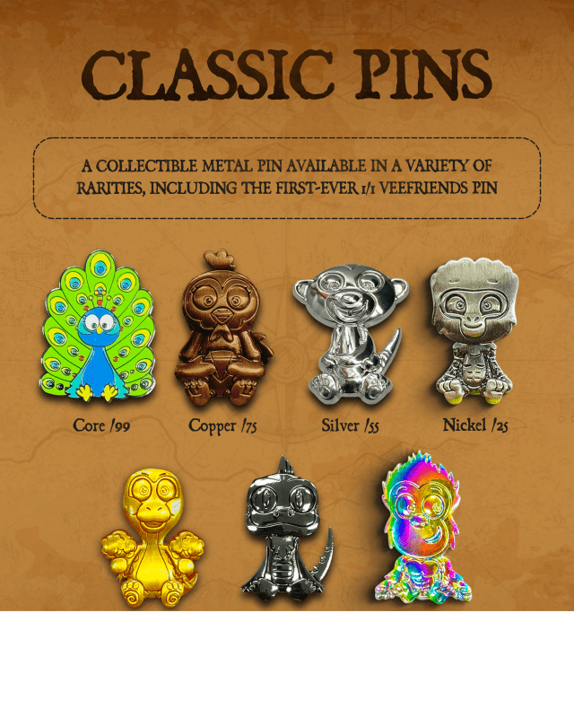 Classic Pins made with metals meant to resemble the treasure they represent.