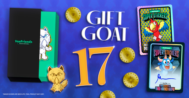 Gift Goat #17, where we’re unveiling something truly special: the VeeFriends Deluxe Collector’s Kit. Inside included a limited edition premium game board, metal game coins, 5 sealed packs of VeeFriends Trading Card Game Cards, 2 exclusive 18K gold-plated collectible pins, 5 different CGC-graded Super Stickers, and more!