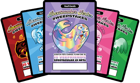 Find a scratch-off VEEFRIENDS SUPER STICKER: SPECTACULAR SERIES PACKS (1 in 6 odds)
